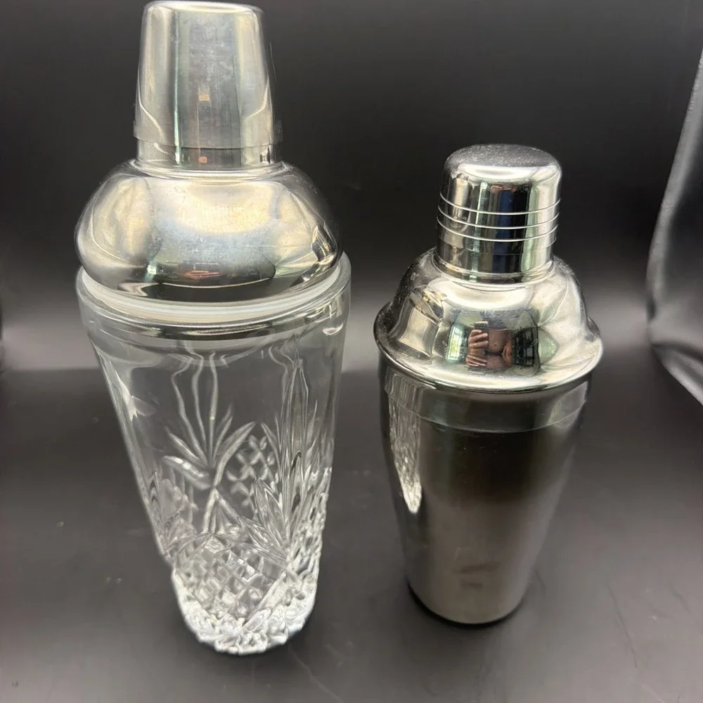 Vintage Cocktail Shakers Lot of 2 Cut Crystal Glass & Silver Tone Barware
